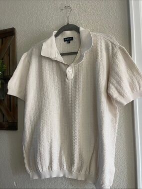 Express Men's Cream Textured Short-Sleeve Polo